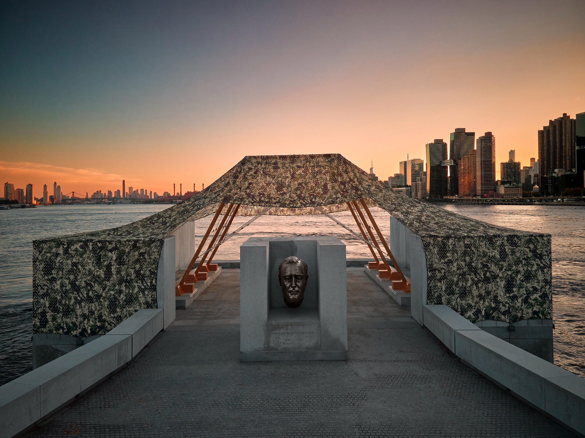 Ai Weiwei, Camouflage, 2025. | Exterior view of installation. FDR Four Freedoms State Park. | Image Credit: Andy Romer Photography, | Courtesy of Four Freedoms | Park Conservancy
